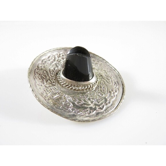 Fancy Sombrero Pin Brooch Sterling Silver & Onyx 925 Marked JE Hat Floral Design - Picture 3 of 9